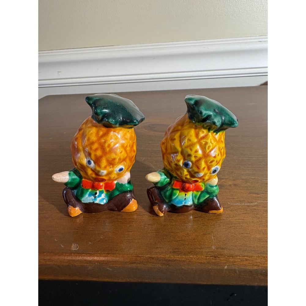 Vintage Anthropomorphic Pineapple Salt and Pepper Shakers Japan Ceramic Kitsch